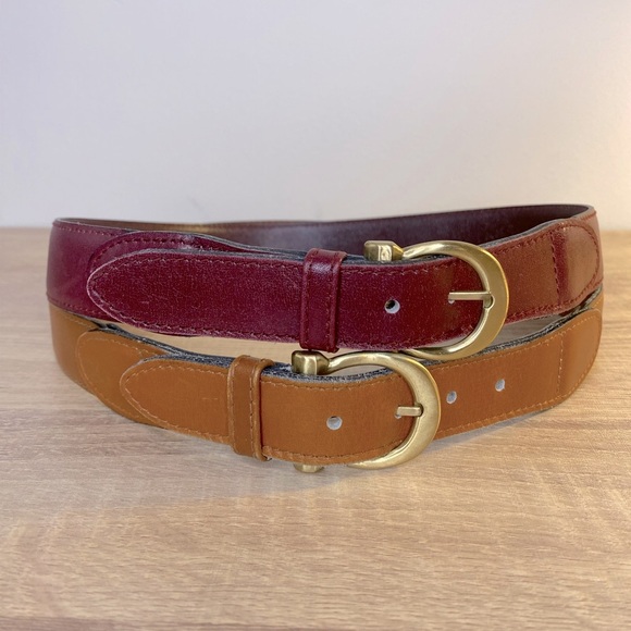 Papagallo Italy LOT of TWO Leather Belts with Gold Buckles Burgundy Camel Small - Picture 1 of 10